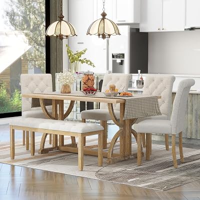 Merax 6-Piece Solid Wood Kitchen Dining Room Table Set with Bench and Upholstered Chairs for 6 Persons, Dining Table Set with with Rectangulars Table and Upholstered Seat, Natural Wood Wash