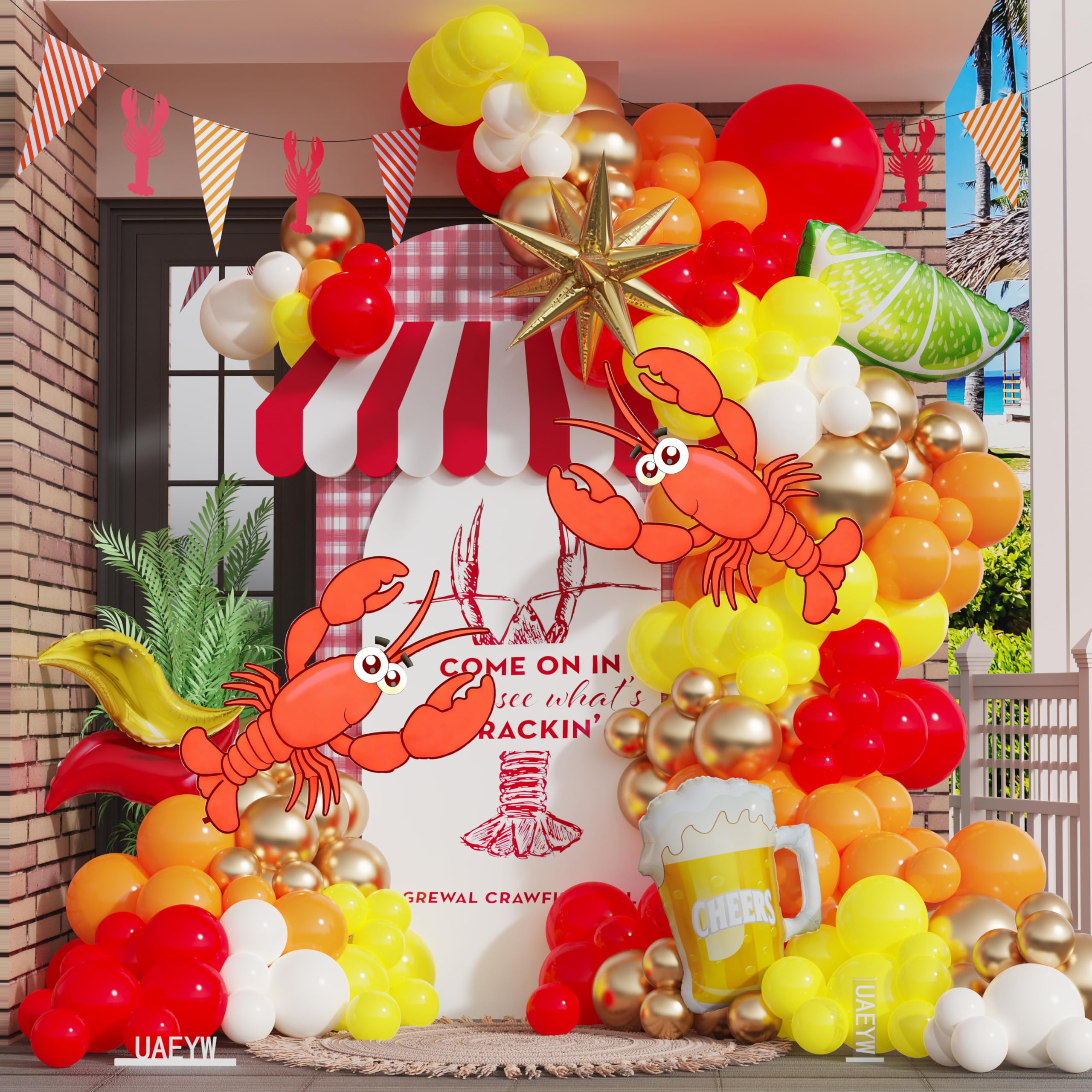 Photo 1 of 140Pcs Crawfish Balloon Garland Arch Kit Crawfish Lobster Beer Lemon Foil Balloons for Crawfish Boil Birthday Seafood Party Mardi Gras Summer Festival Decorations (Red Orange Yellow)