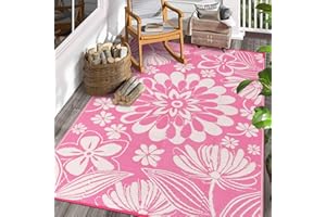 Ileading Outdoor Plastic Straw Rug 6x9ft Funny Floral Style Reversible Patio Area Rugs Waterproof Non Shedding Portable Carpets for Rv Outside Deck Pool Beach Picnic Camping (Pink)