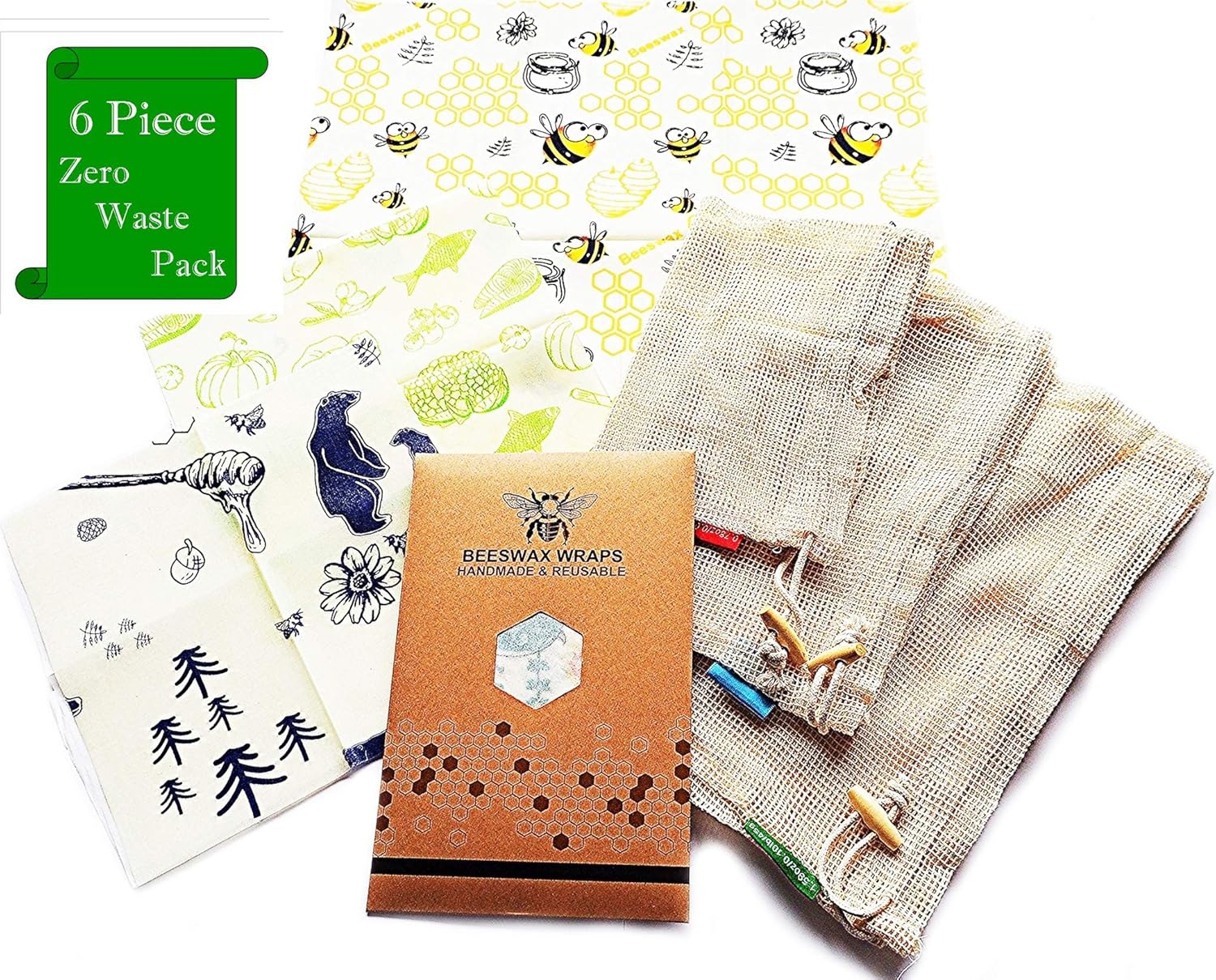 Reusable, Organic Beeswax Food Wraps; 6Pc Eco-Friendly, Sustainable & Multi-Sized Food & Sandwich Wraps & Bags, Drawstring For Grocery Shopping & Storage, From WorldlyWise