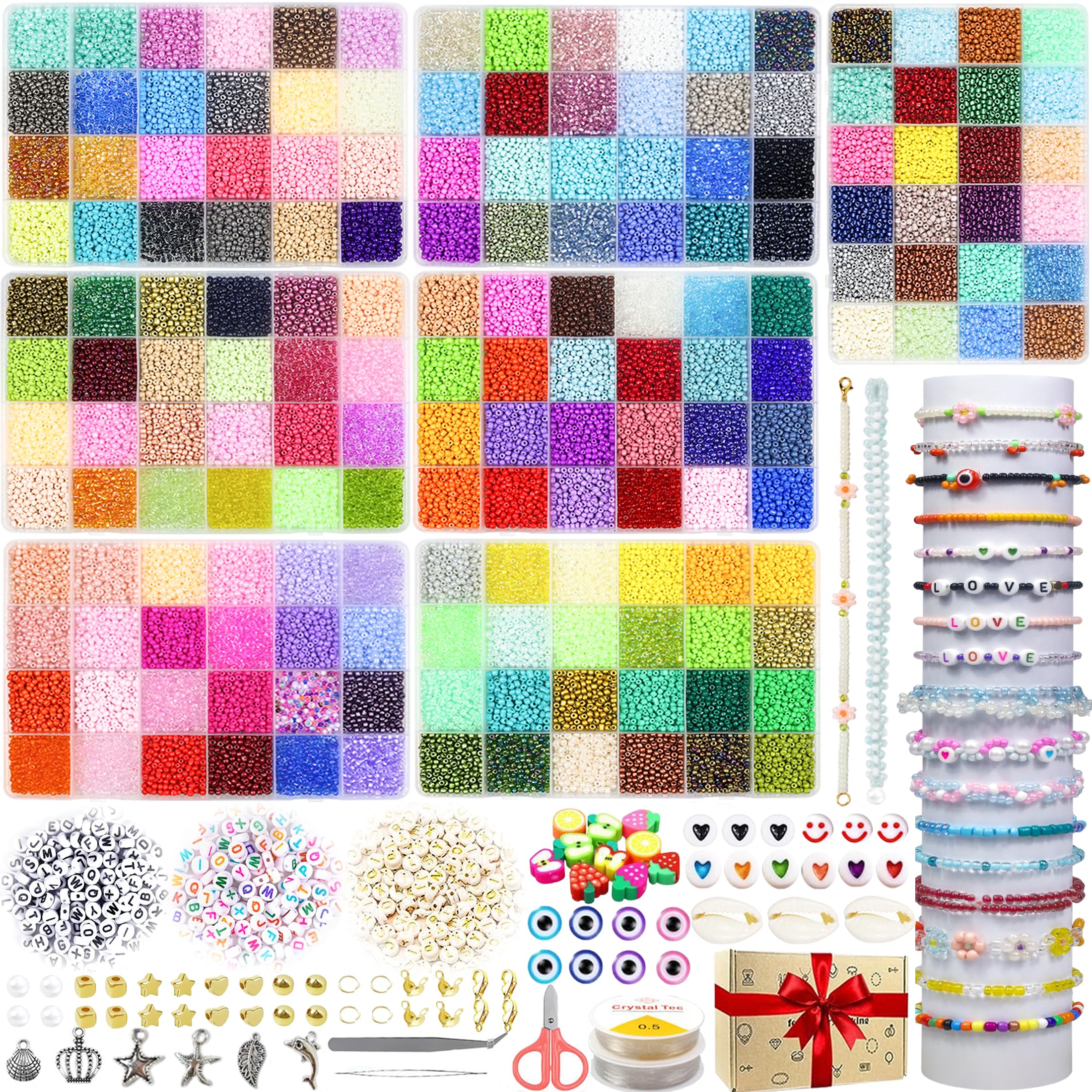 47000pcs 3mm Glass Beads for Jewelry Making - 168 Colors Small Bracelet Making Kit With Alphabet and Evil Eye Elements, String Included for DIY Art Crafts Gifts