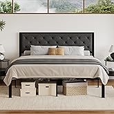 SHA CERLIN King Size Metal Platform Bed Frame,Linen Upholstered Button Tufted Headboard, Mattress Foundation with 12.4” Under-Bed Storage, Noise-Free, Easy Assembly, No Box Spring Needed, Dark Grey