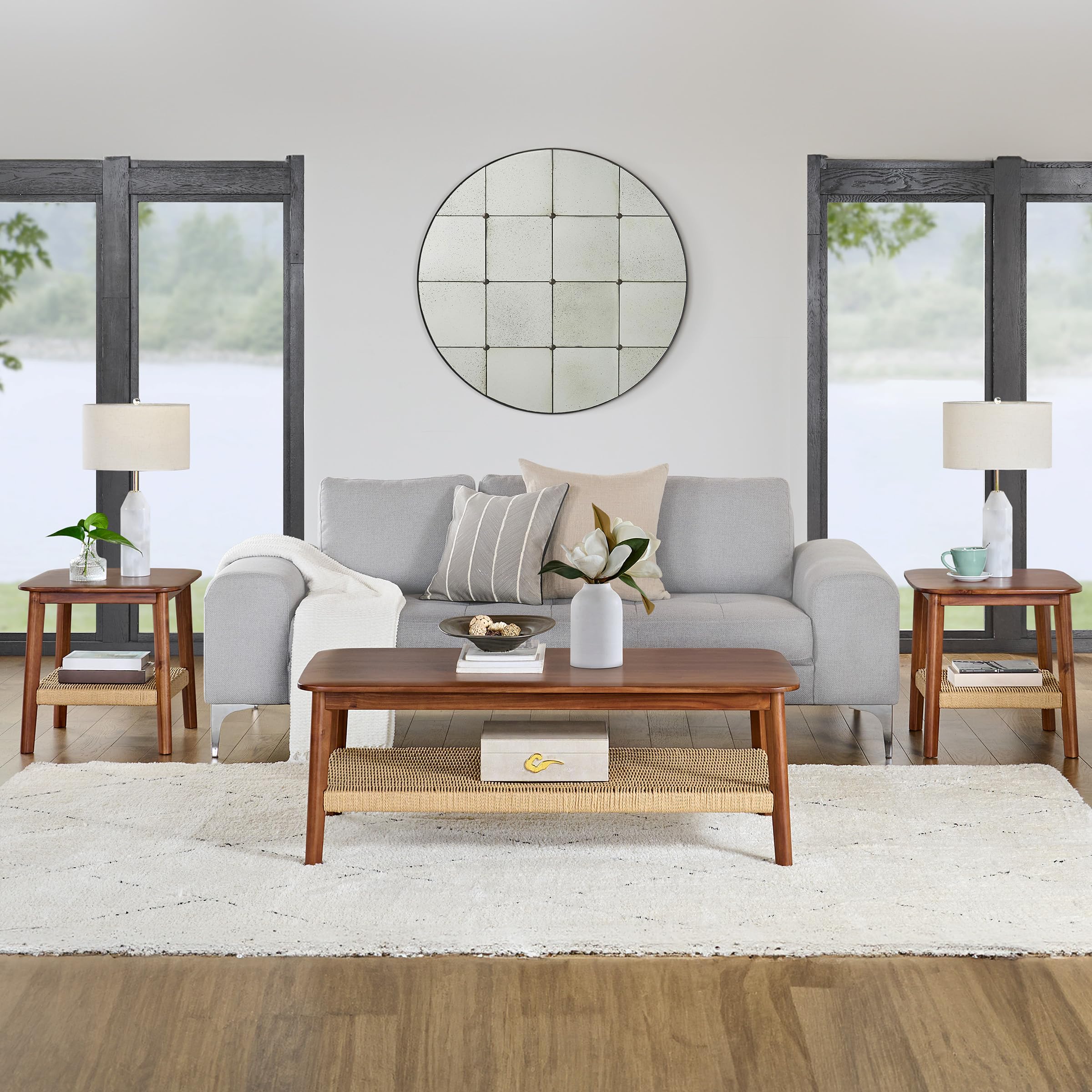 Photo 1 of *** PARTIAL SET - ONE SIDE TABLE ONLY *** Calais Collection Set of 3 - Coffee Table and 2 Side Tables - Solid Acacia Wood Living Room Tables with Woven Shelves by Alaterre Furniture (Warm Chestnut)