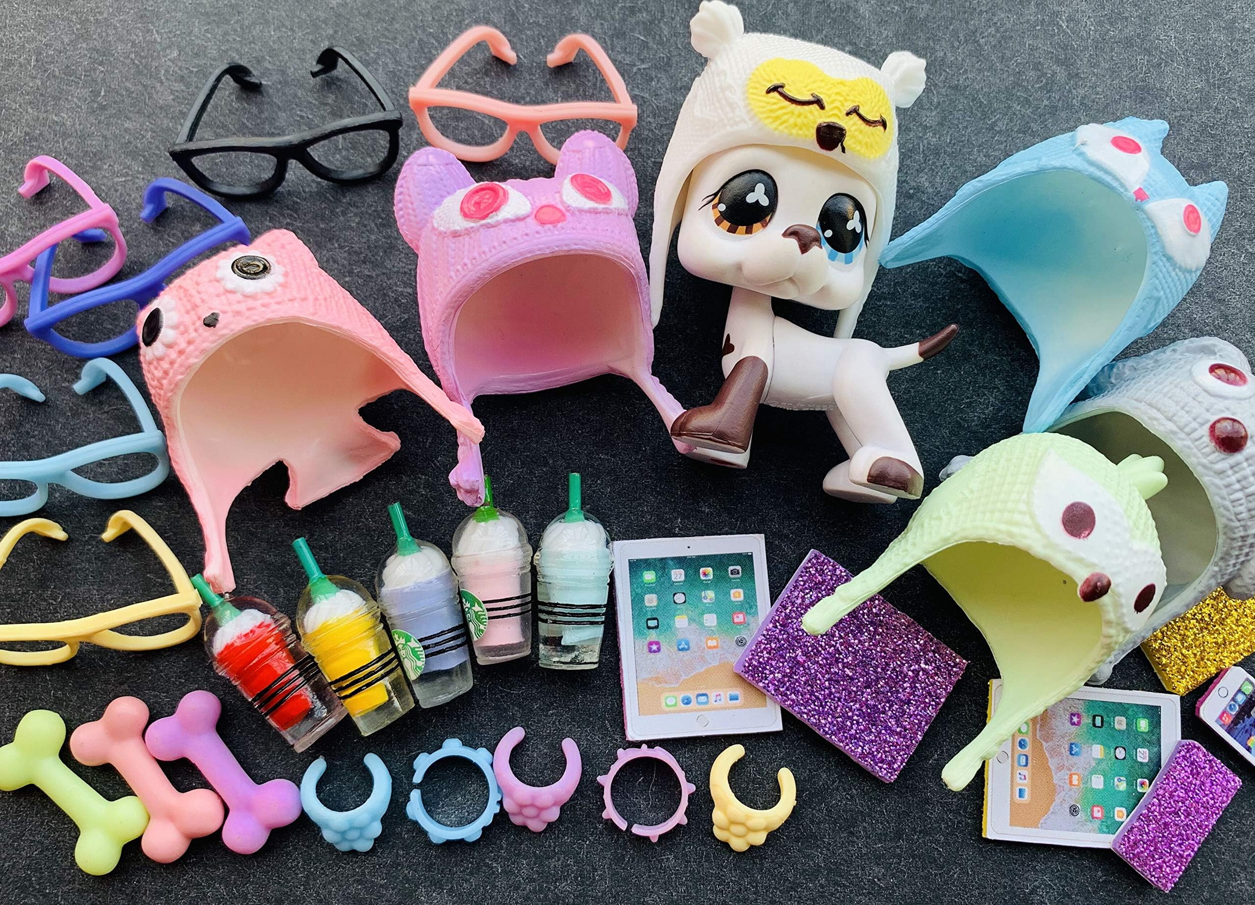 lps Pet Shop lps Accessories 8pcs Random Glasses Hat Drinks Collar Cellphone Pad Lot for lps Kitten and Dog