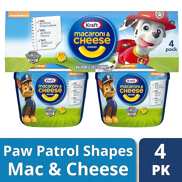 KRAFT NICKELODEON PAW PATROL MAC AND CHEESE, 4 CUPS, FOR EASY DINNER OR DINNER SIDES, ORIGINAL FLAVOR, NO ARTIFICIAL FLAVORS, PRESERVATIVES OR DYES, 1.9 OZ