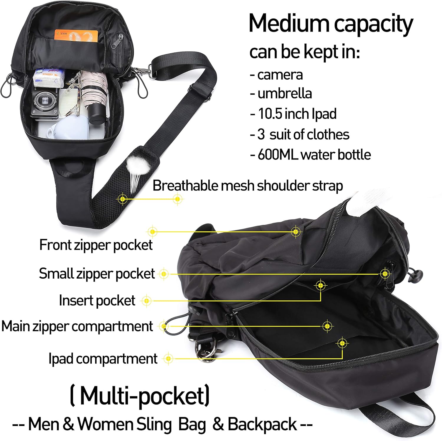 Small Black One Strap Backpack Sling Bag Crossbody Backpack for Men Women, Lightweight Waterproof Sling Backpack Shoulder Bag for Hiking Walking Biking Travel Cycling USB Charger Port-Nylon: Clothing