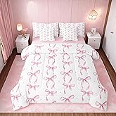 Erosebridal Girls Pink Bow Full Comforter Set with Sheets,Kawaii Bowknot Bedding Set for Kids Room Decor,Cute Pink Bows Bed Set 7 Piece Ribbon Bow Tie Bed in a Bag with Fitted+Flat Sheet,Pillowcases