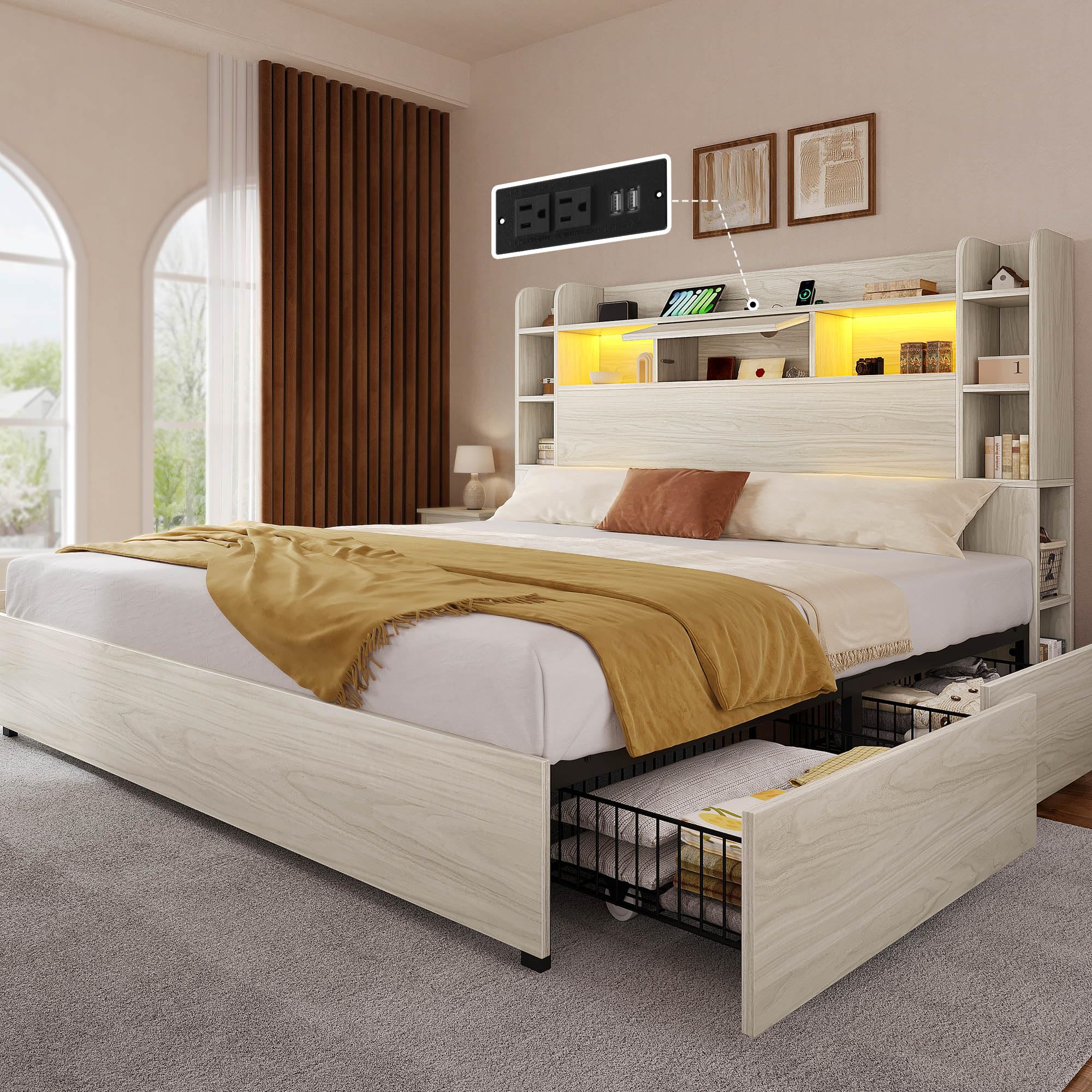 Photo 1 of YITAHOME King Bed Frame with Bookcase Headboard and 4 Storage Drawers, RGB Lights Bed with Type-C & USB Charging Station Storage Headboard Bed Frame, No Box Spring Needed, Noise Free, Antique WhiteLPNRRIM3095473