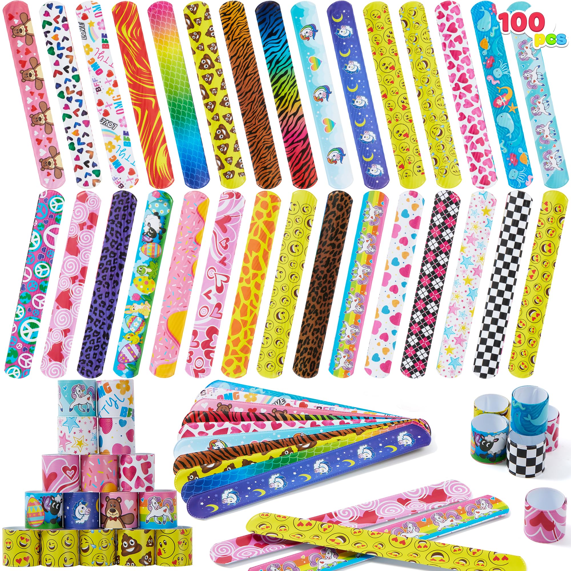 JOYIN Slap Bands, 100pcs Slap Bracelets Super Slap Wrist Bands with Colorful Hearts Animal, Party Bag Fillers for Kids (30 Designs) Birthday Party Favours Pack, Easter Basket Stuffers
