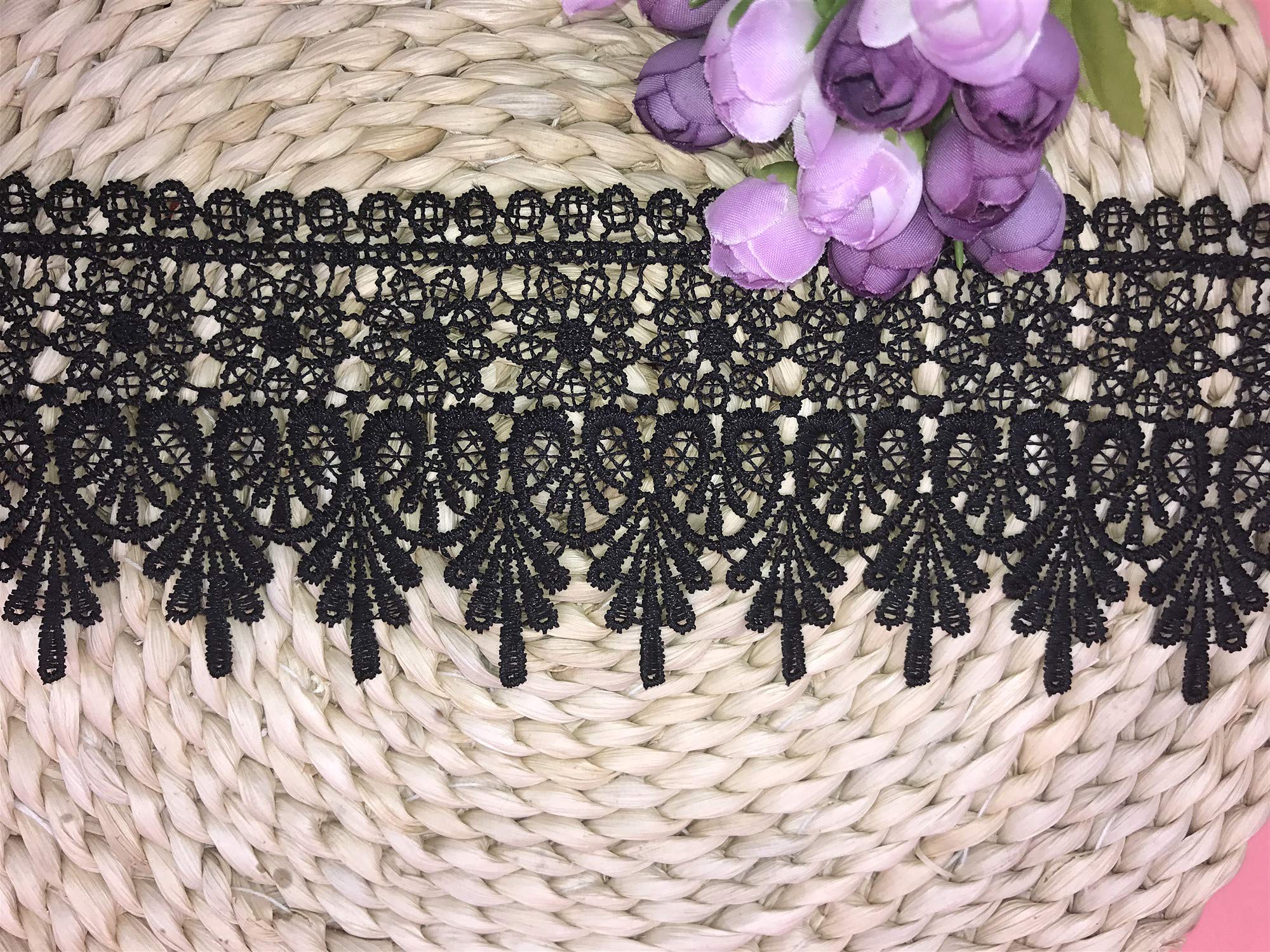 9CM Width Europe Chips Pattern Inelastic Embroidery Lace Trim,Curtain Tablecloth Slipcover Bridal DIY Clothing/Accessories.(2 Yards in one Package) (Black)