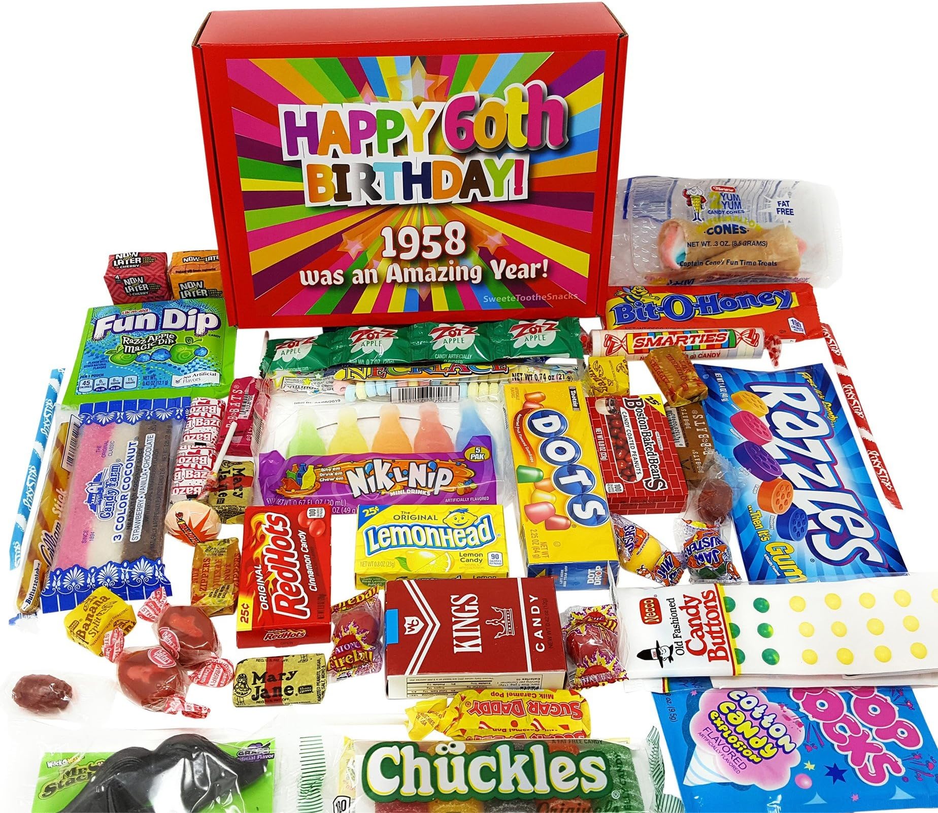 60th Birthday Candy Gift Box Full of Nostalgic Candy for 1958, Red