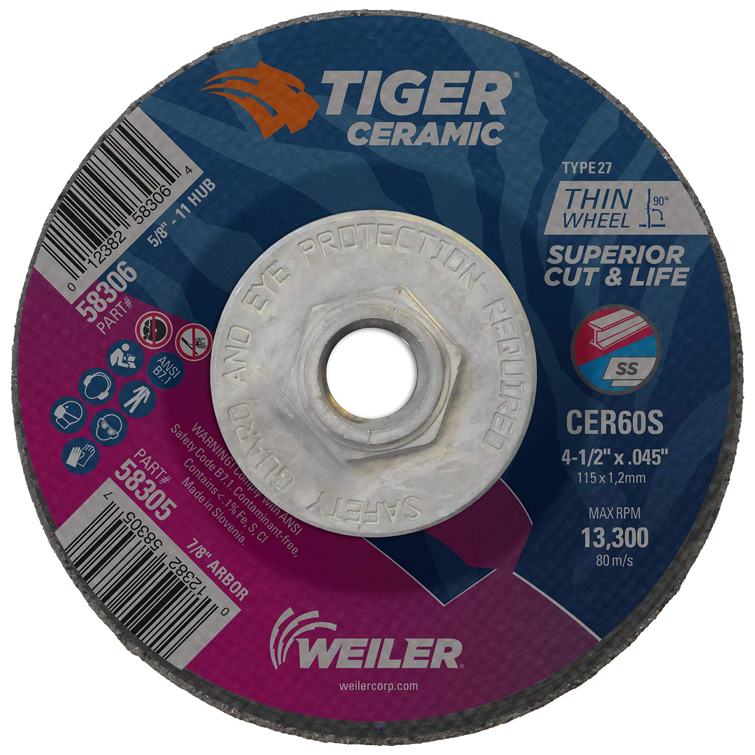 Photo 1 of Weiler 58306 4-1/2 Inch Cutting Wheel, Tiger Ceramic Stainless Steel Superior Life & Cut Contaminant Free Max Performance Cutting, .045" CER60S Type 27 5/8"-11 Hub, Pack of 10