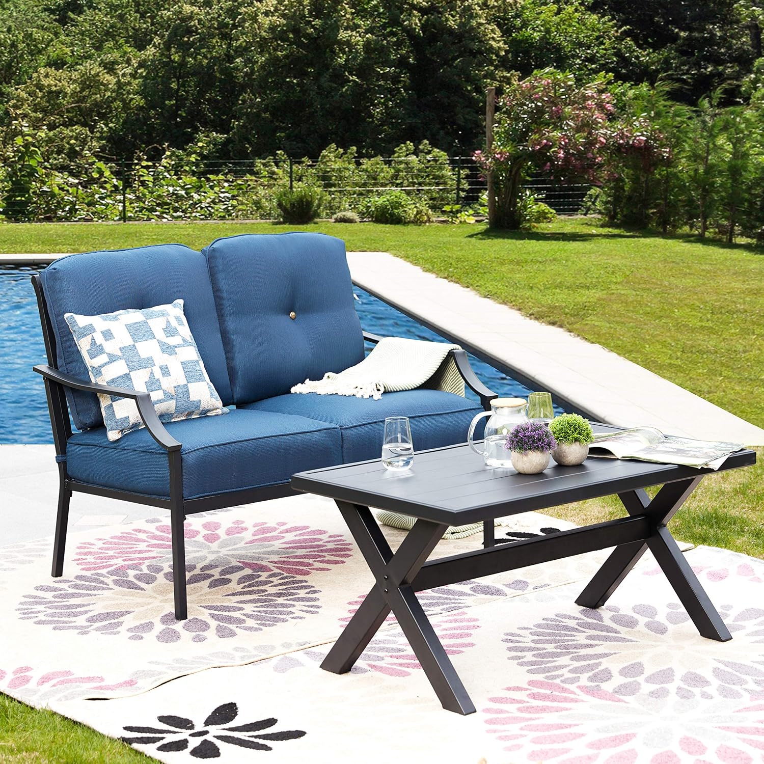 Amazon Com Lokatse Home 2 Pieces Outdoor Patio Conversation Furniture Metal Bench Sofa Set Loveseat With Cushion And Coffee Table Blue Garden Outdoor