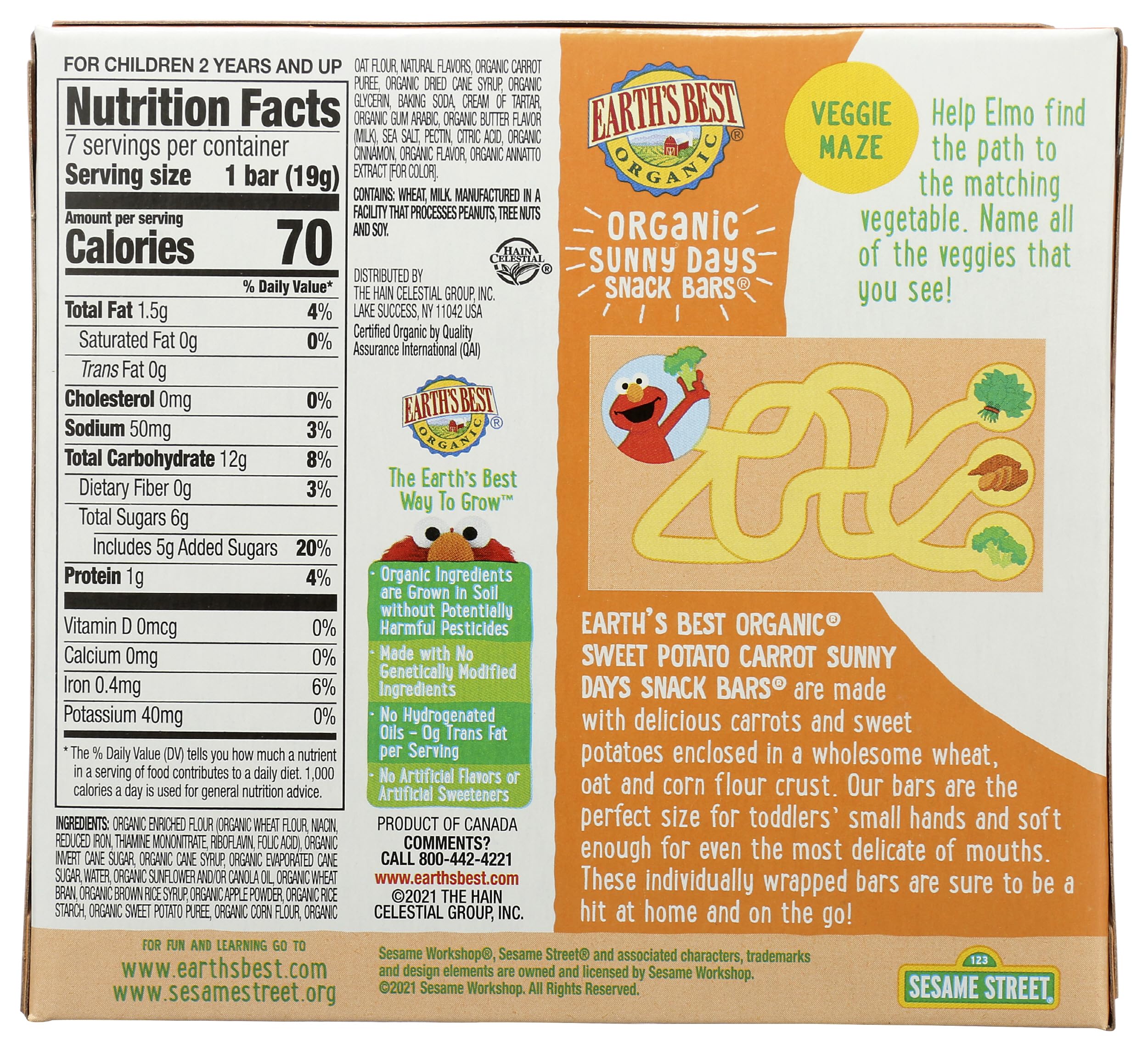 EARTHS BEST Organic Swt Pto Crrt Snny Day Bars, 0.67 Ounce (Pack of 7)