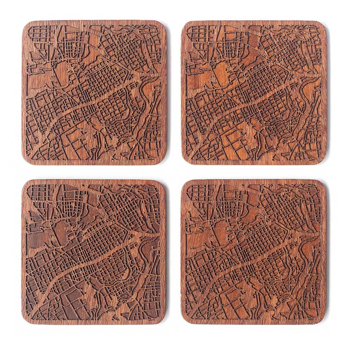 Ottawa Map Coaster by O3 Design Studio, Set of 4, Sapele Wooden Coaster with City map, Multiple City Optional, Handmade