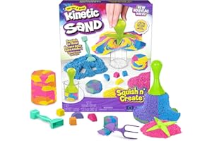 Kinetic Sand, Squish N' Create Ensemble de jeu avec sable de jeu bleu, jaune et rose de 382,7 g, 5 outils, jouets sensoriels,