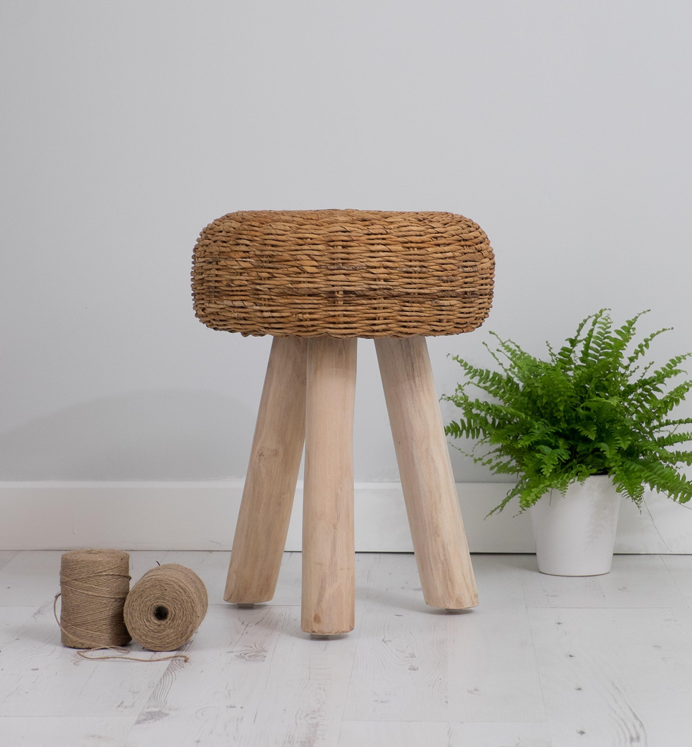 Za Za Living Rustic Wood Stool Wicker Seat - Reclaimed Wood Legs - Bedroom Seating 45cm H