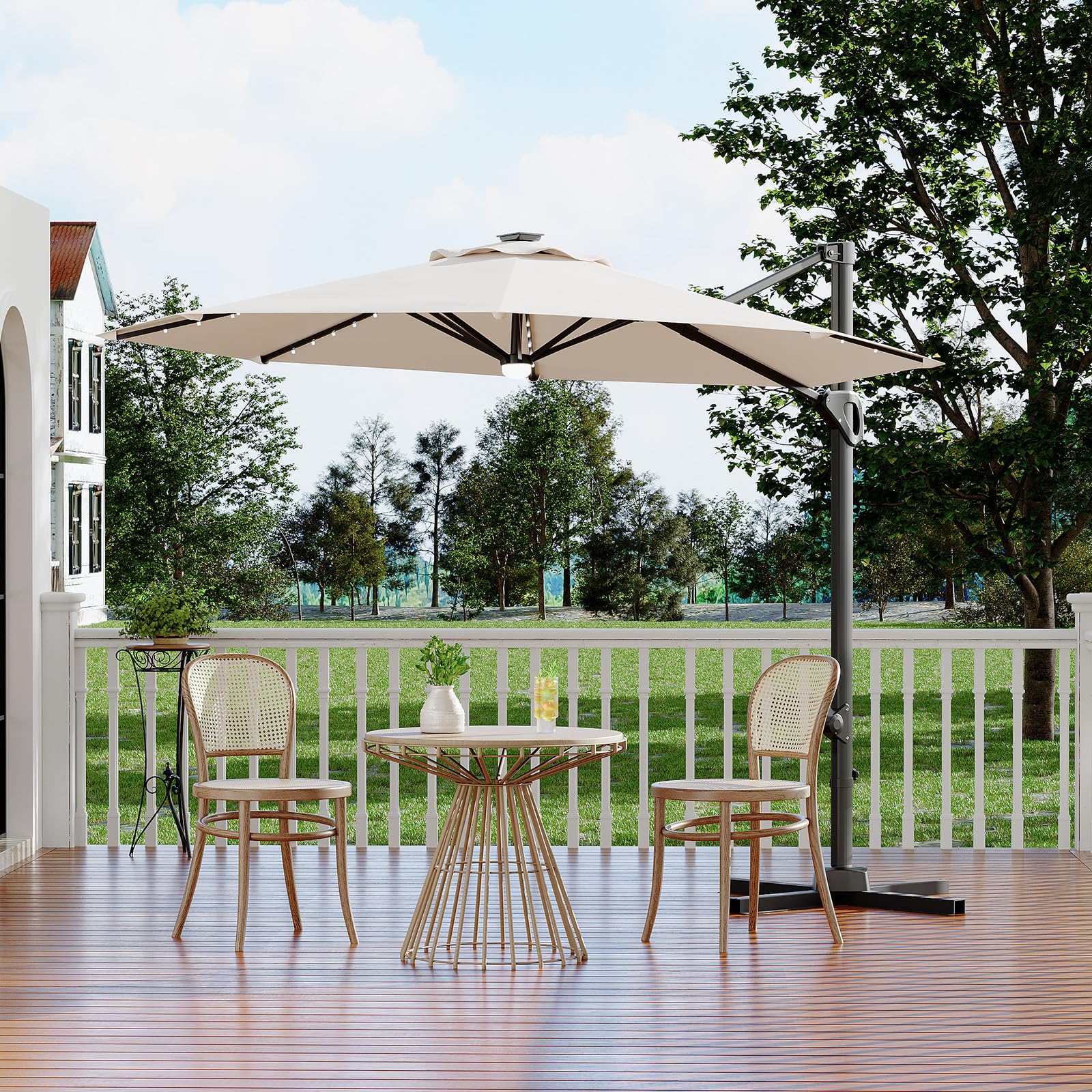 Photo 1 of Garvee 10 ft Cantilever Patio Umbrella with Solar Lights, 360° Rotation Offset Umbrella, Easy Crank & Tilt Adjustment, UV Protection for Backyard, Poolside, Deck -Beige