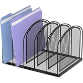 SUPEASY 5-Section File Organizer for Desk, Metal File Folder Holder, Black | 5 Vertical Compartments with Sturdy Metal Base for Office Documents Books Magazines and Laptop