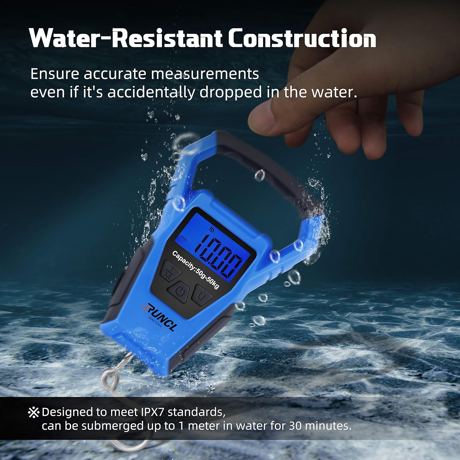 RUNCL Waterproof Fishing Scale with Fish Lip Gripper, Digital Fishing Scale with Ruler, Weight Scale 110lb/50kgs - Backlit LCD Display, Memory Storage & Summation - Hanging Scale (Blue): Industrial & Scientific