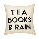 Fjfz Tea Books and Rain Motivational Inspirational Quote Cotton Linen Home Decorative Throw Pillow Case Cushion Cover with Words for Book Lover Worm Sofa Couch, 18" x 18"