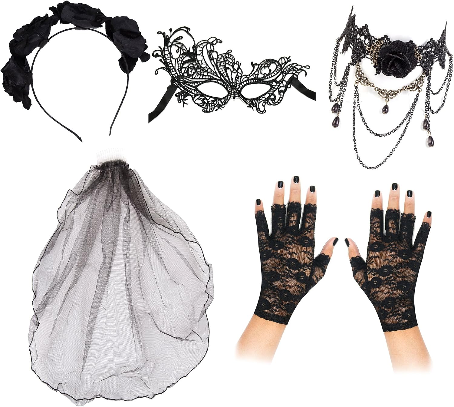Robelli Ladies Day of the Dead Halloween Costume Accessories, Black Veil, Flower Headband, Rose Necklace, Lace Mask