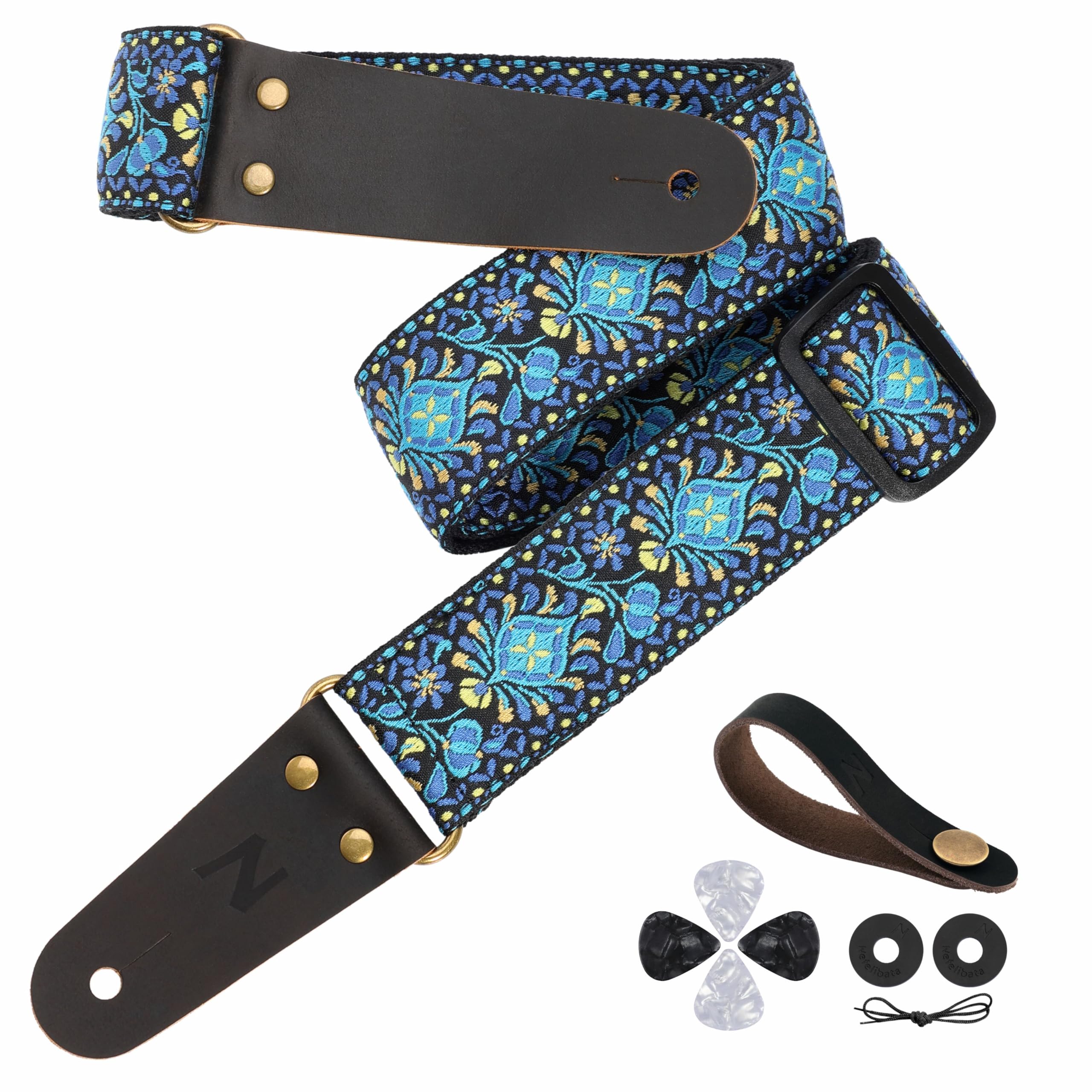 Nefelibata Guitar Strap, 2" Cotton Embroidery Guitar Straps, Full Grain Leather Ends with Hidden Pocket, for Bass, Electric and Acoustic Guitars, Strap Button, Strap Locks and Guitar Picks