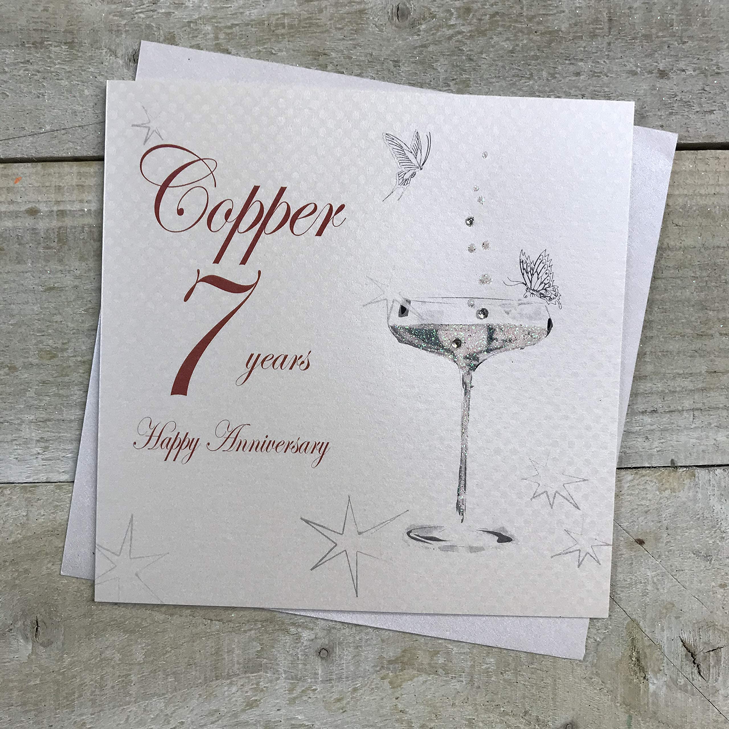 WHITE COTTON CARDS BD107C Coupe Glass Happy Anniversary 'Copper' 7 Years Handmade Anniversary Card, White
