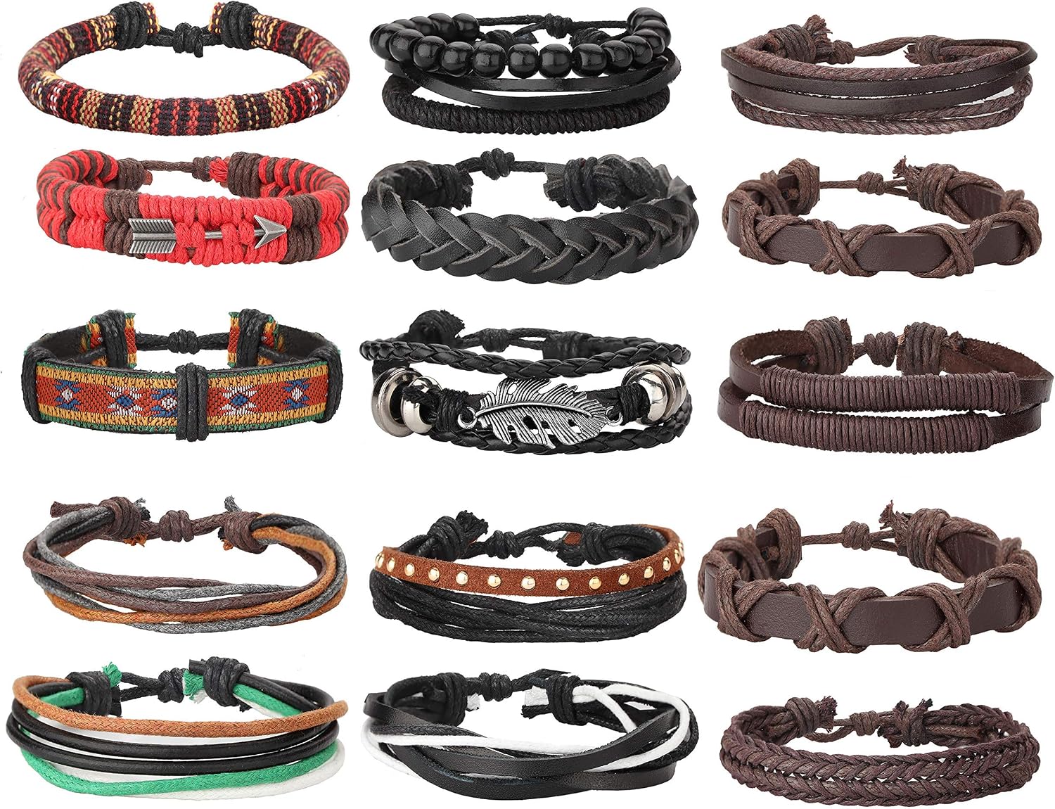 MILACOLATO 26Pcs Woven Braided Leather Bracelet for Men Women Hemp Cords Wood Beads Cuff Bracelets Adjustable - Image 3