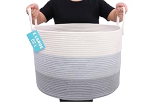 OrganiHaus Large Woven Storage Basket for Blankets and Toys 20" x 13" Inch, Rope Laundry Basket with Handles, Cushions & Pillows Storage Bin, Nursery Hamper, Soft Round Dog Toy Bin - Gray
