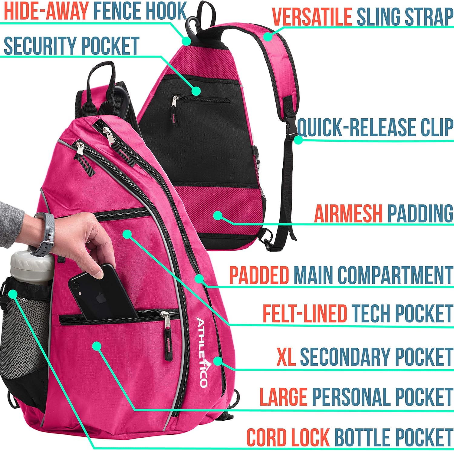 Athletico Sling Bag - Crossbody Backpack for Pickleball, Tennis, Racketball, and Travel for Men and Women (Pink): Clothing