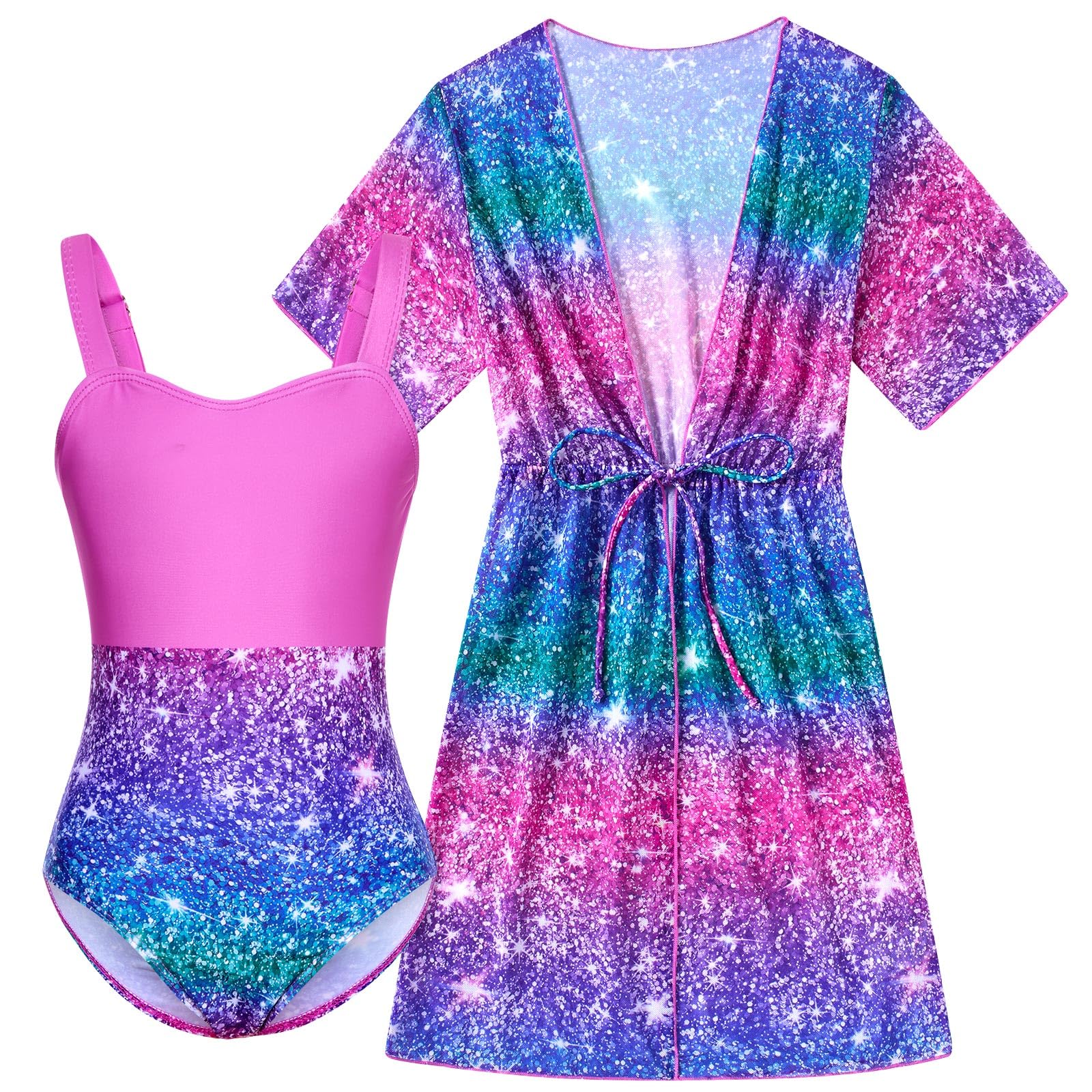 Photo 1 of **MISSING THE ROBE**Funnycokid Girls One Piece Swimsuits Size 6 7 Bathing Suit Cover up Swim Set Suits Glitter Print 6-7 Years Blue Purple