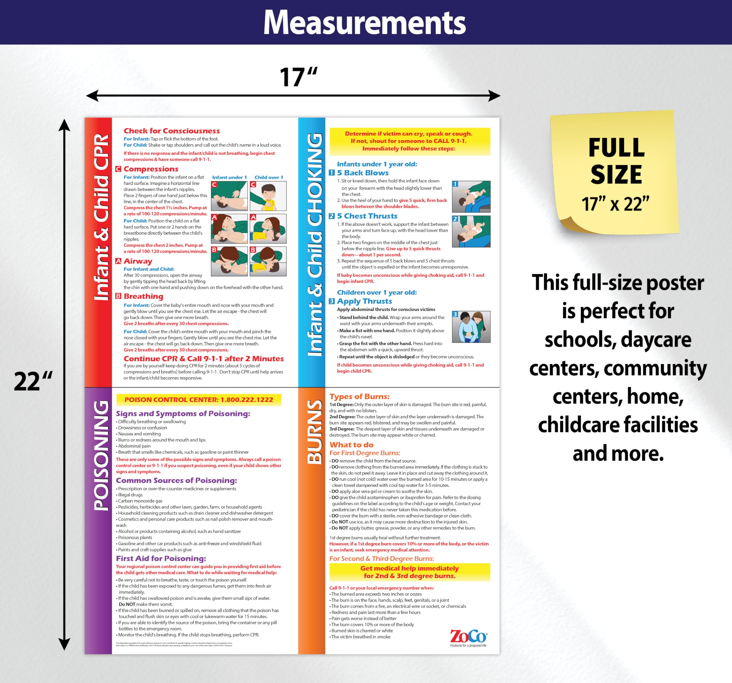 ZOCO – Infant & Child First Aid Poster – Home Daycare Essentials – Laminated 17x22 – CPR, Choking, Poison & Burn Chart – Emergency Safety Sign for Childcare & Infant Rooms
