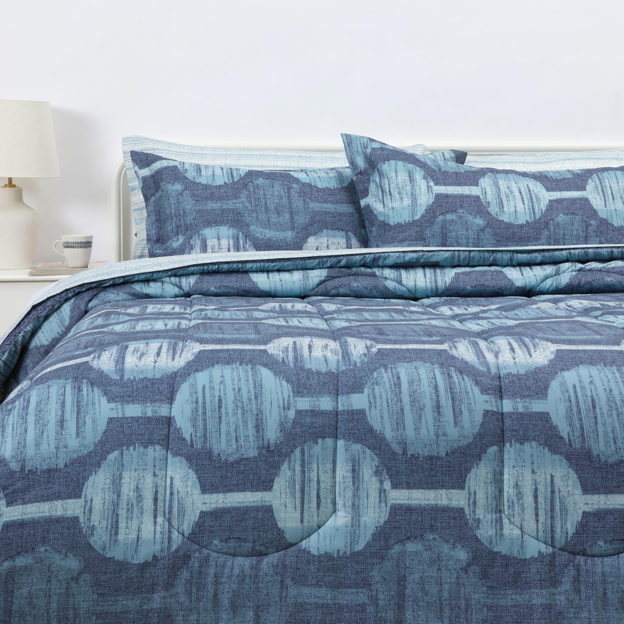 Amazon Basics Lightweight Microfiber Comforter Sets, 7 Pieces, Navy, Geometrics, King Image