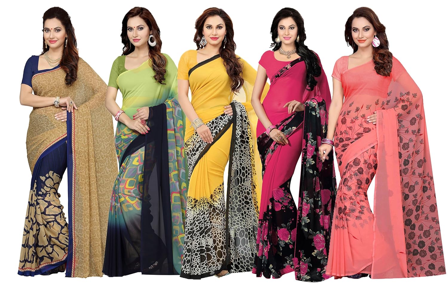 ishin combo of 5 faux georgette multicolor printed women's saree/sari