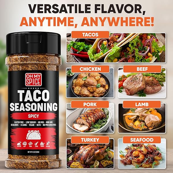 TACO SEASONING MIX SPICY CHILI POWDER – GLUTEN FREE & LOW SODIUM MEXICAN SEASONING BLEND FOR TACO TUESDAY NIGHT. FAJITA & BURRITO SPICY SEASONINGS. MEAT, CHICKEN & FISH TACOS HOT SPICES TOPPING. 4.5OZ