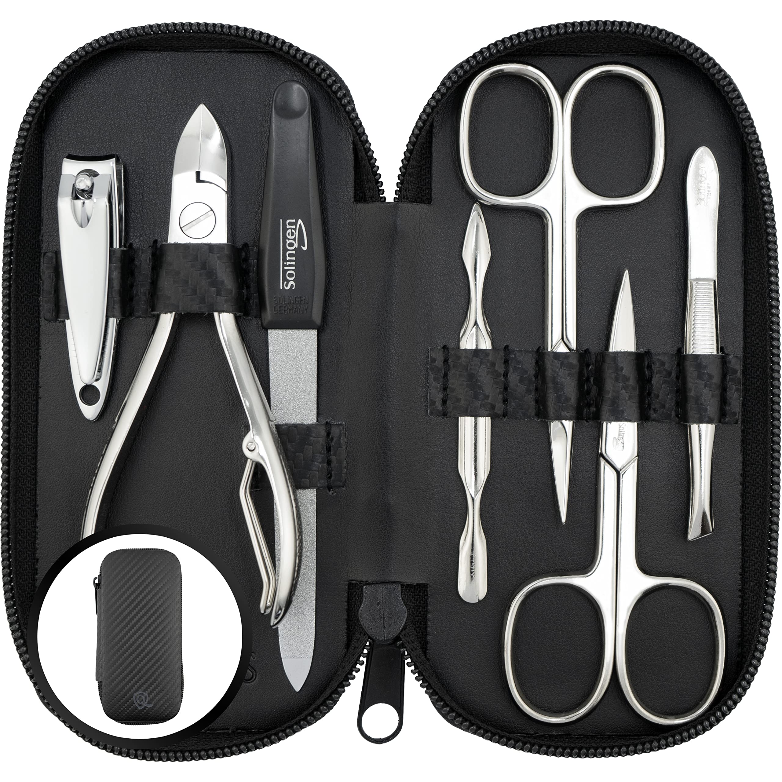 Solingen Manicure Set for Women & Men - 7-Piece Pedicure Kit Made in Germany with Nail Nippers - Elegant and Handy Fashion Leather Case - Ideal as a Gift, for Travelling or Home Use, Carbon