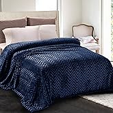 Whale Flotilla Flannel Fleece Twin Size Bed Blanket, Twin XL Lightweight Breathable Soft Bedspread Plush Fluffy Coverlet Chevron Design Decorative Blanket for All Season, 90x66 Inch, Navy Blue