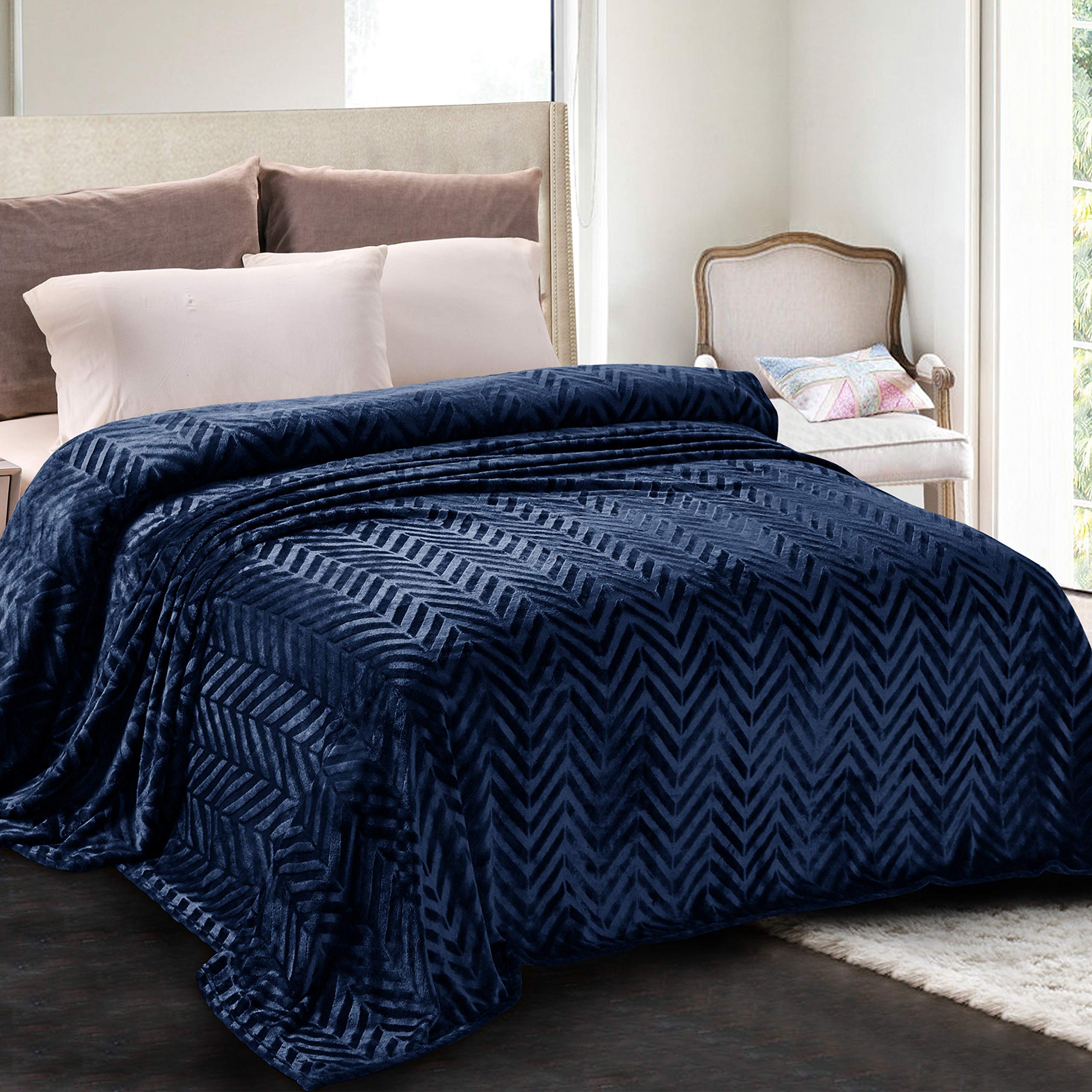 Whale Flotilla Flannel Fleece Double Size Blanket for Bed, 150x200 CM Soft Fluffy Velvet Bed Blanket with Decorative Chevron Pattern for All Season, Warm and Lightweight, Navy Blue