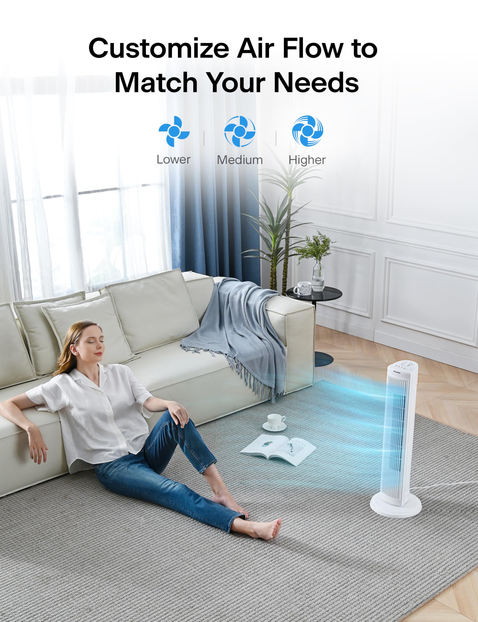 PELONIS 30 Inch Oscillating Tower Fan with 3 Speed Settings and Auto-off Timer, Standing Fan PFT28A2BWW, White