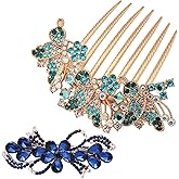 QXUJI 2PCS Rhinestone Flower Hair Barrette Clip and Hair Comb, Dark Blue Metal Hair Jewelry Accessories, Sparkly Glitter Hair Pins for Women and Girls