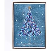 Graphique Gold and Purple Tree Holiday Cards - Pack of 15 Cards with Envelopes - Christmas Greetings - Gold Foil and Glitter Accents - Boxed Set - 4.75" x 6.625"