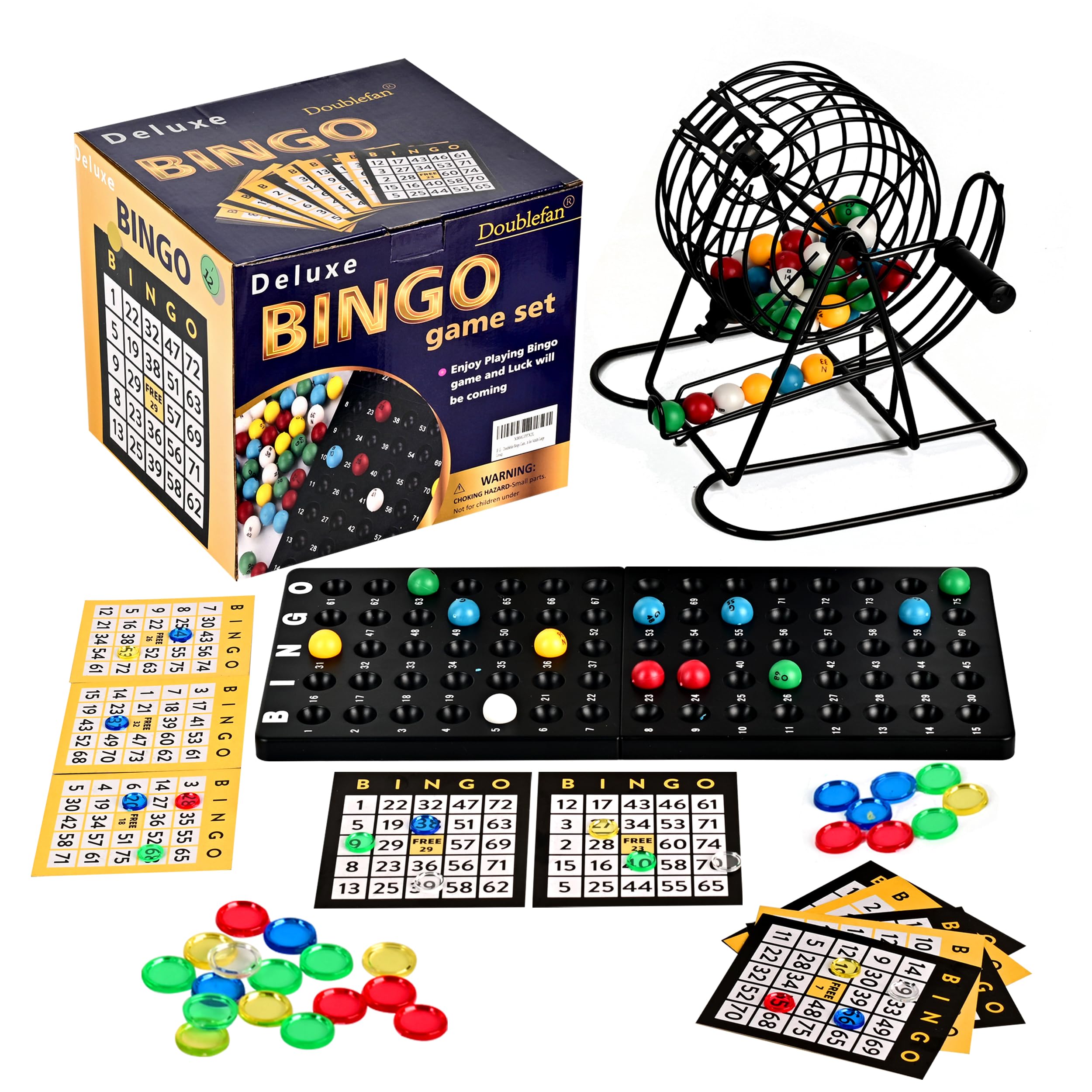 Doublefan Deluxe Bingo Set, Bingo Cage with Colorful Balls Set with Score Cards - Classic Board Games for Family and Party