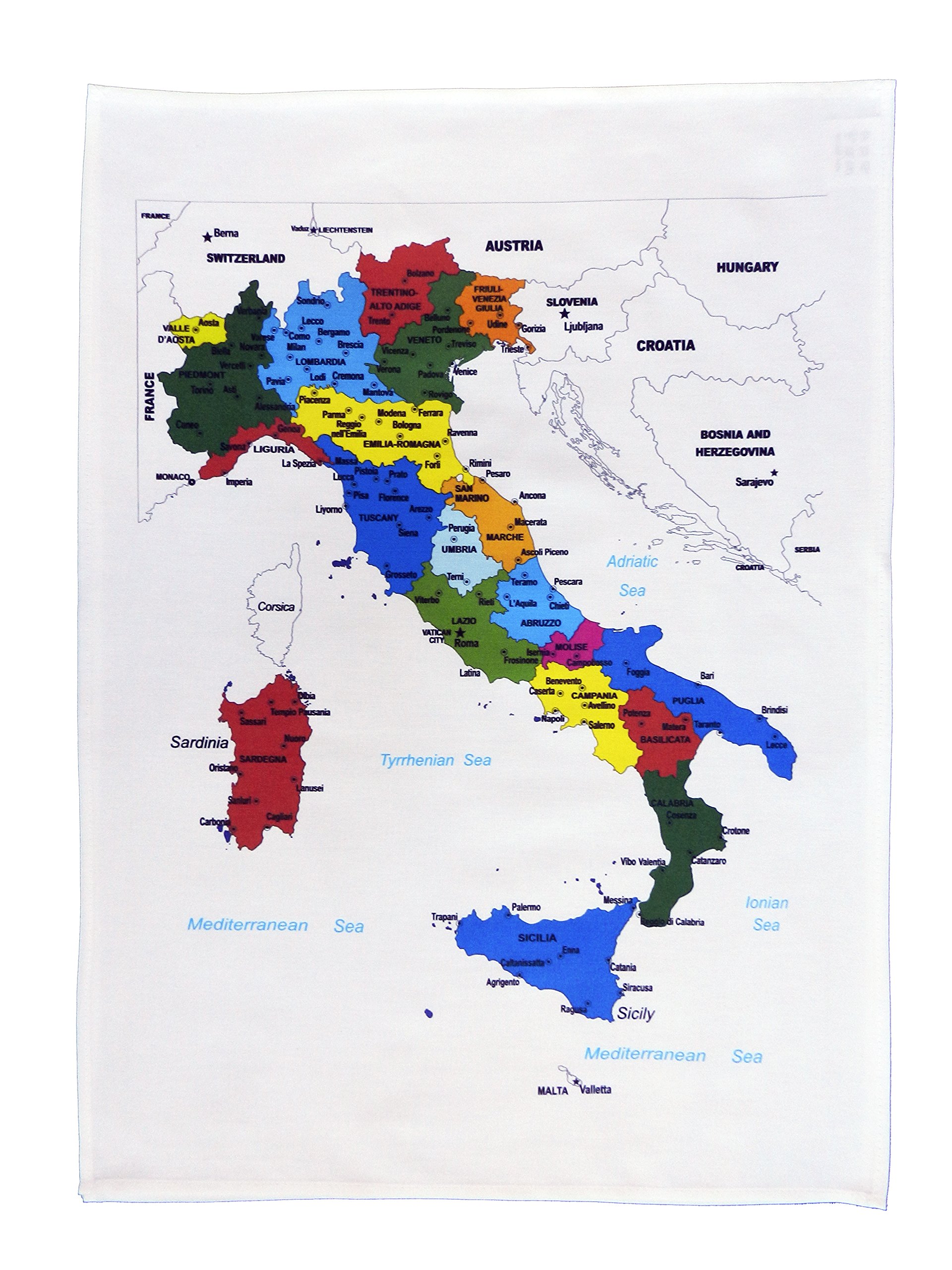 Half a Donkey Colourful Map of Italy showing the regions and major cities- Large Cotton Tea Towel