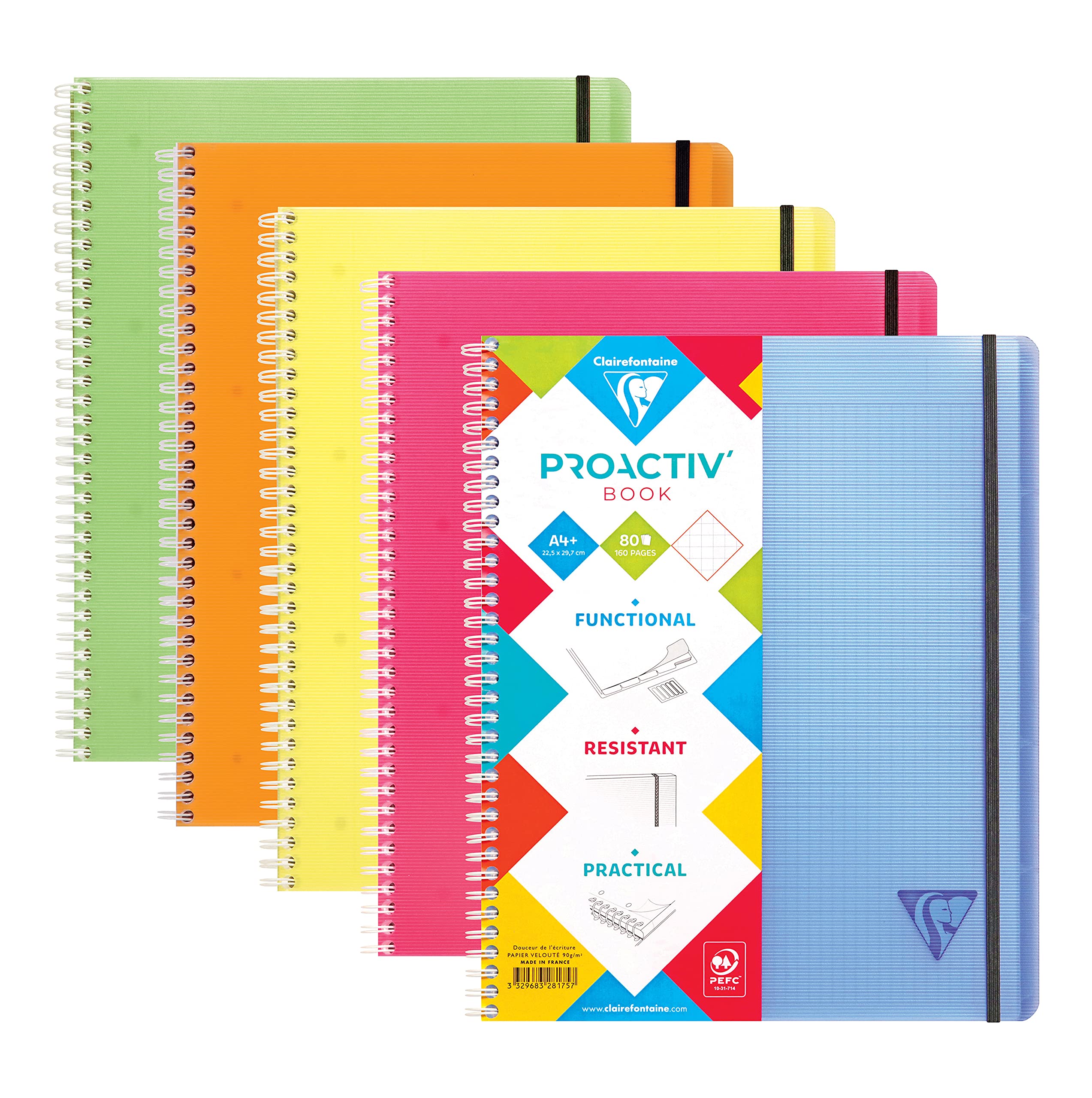 Clairefontaine 328175C Proactiv'Book Perforated Spiral Notebook-Sorter A4+ 22,5x29,7cm 160 Pages Small Squares White Paper 90g - Cover Polypro Random Colour