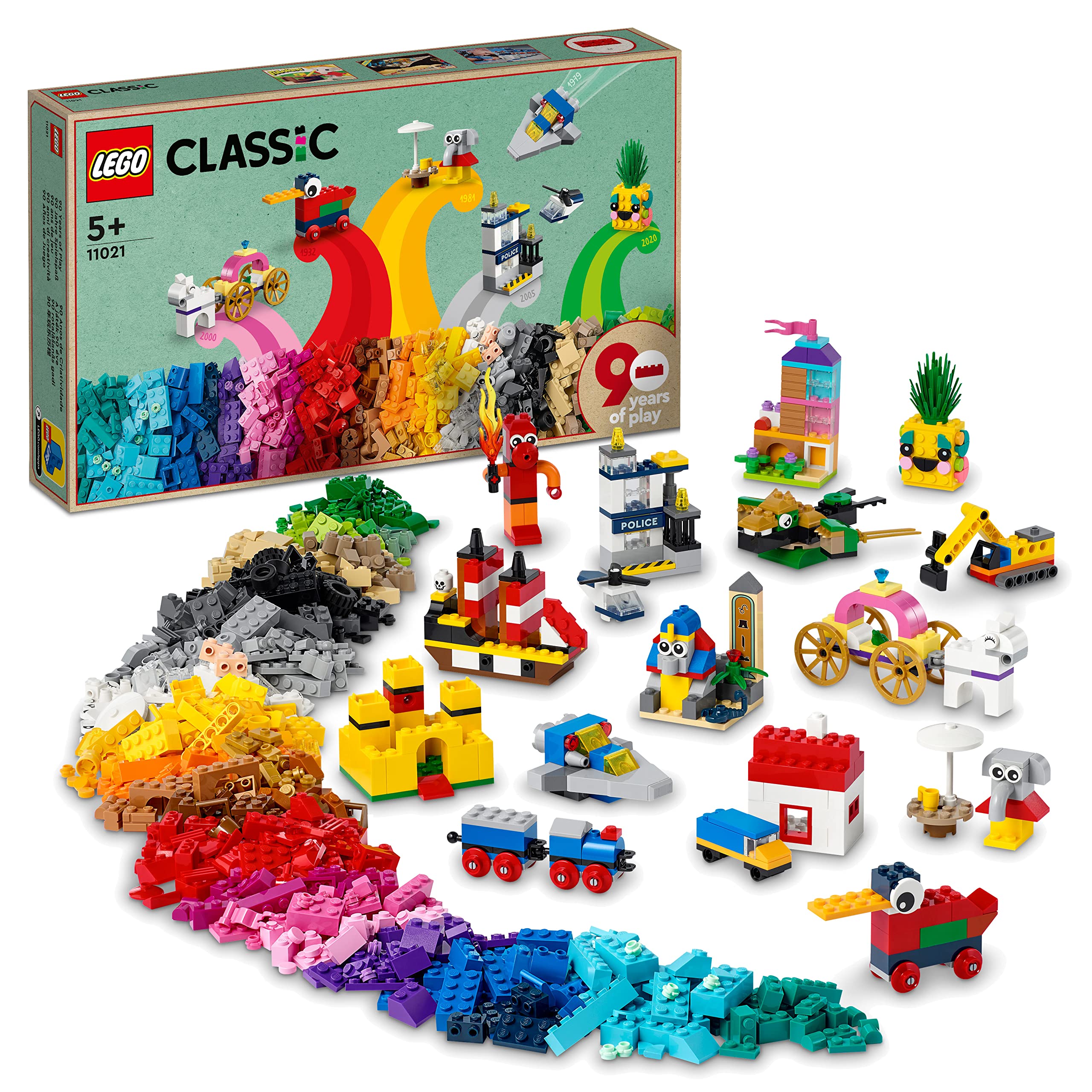 LEGO Classic 90 Years of Play 11021 Building Kit; Includes 15 Mini Build Recreations of Iconic Sets from 1932 to 2020; A 5+ Playset Designed for Kids, Adults and Grandparents (1,100 Pieces)