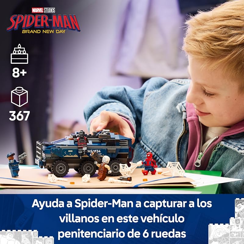 | Marvel Spider-Man: Persecución del Furgón Penitenciario - Coche Blindado de Juguete de Superhéroes y 4 Minifiguras Inc. Tombstone y Tarántula - Regalo para Niños de 8+ Años y Fans - 76349