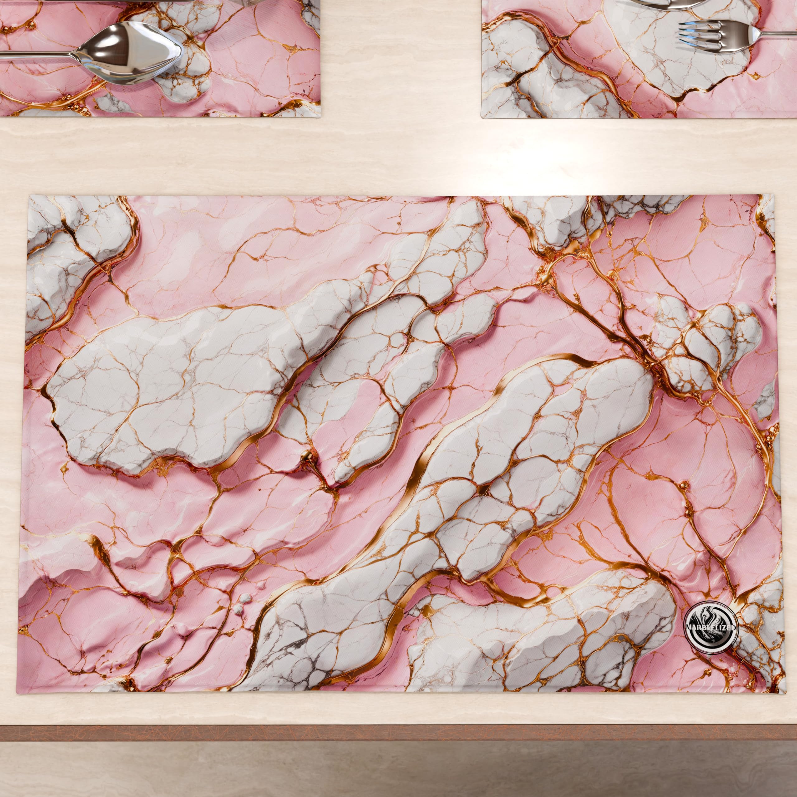MARBLELIZED - Washable American Placemats, Pink Marble Effect Fabric Placemats, Set of 6 (30 x 45 cm) - Elegant, Ideal for Breakfast, Lunch and Dinner, Gift Idea, 100% Made in Italy