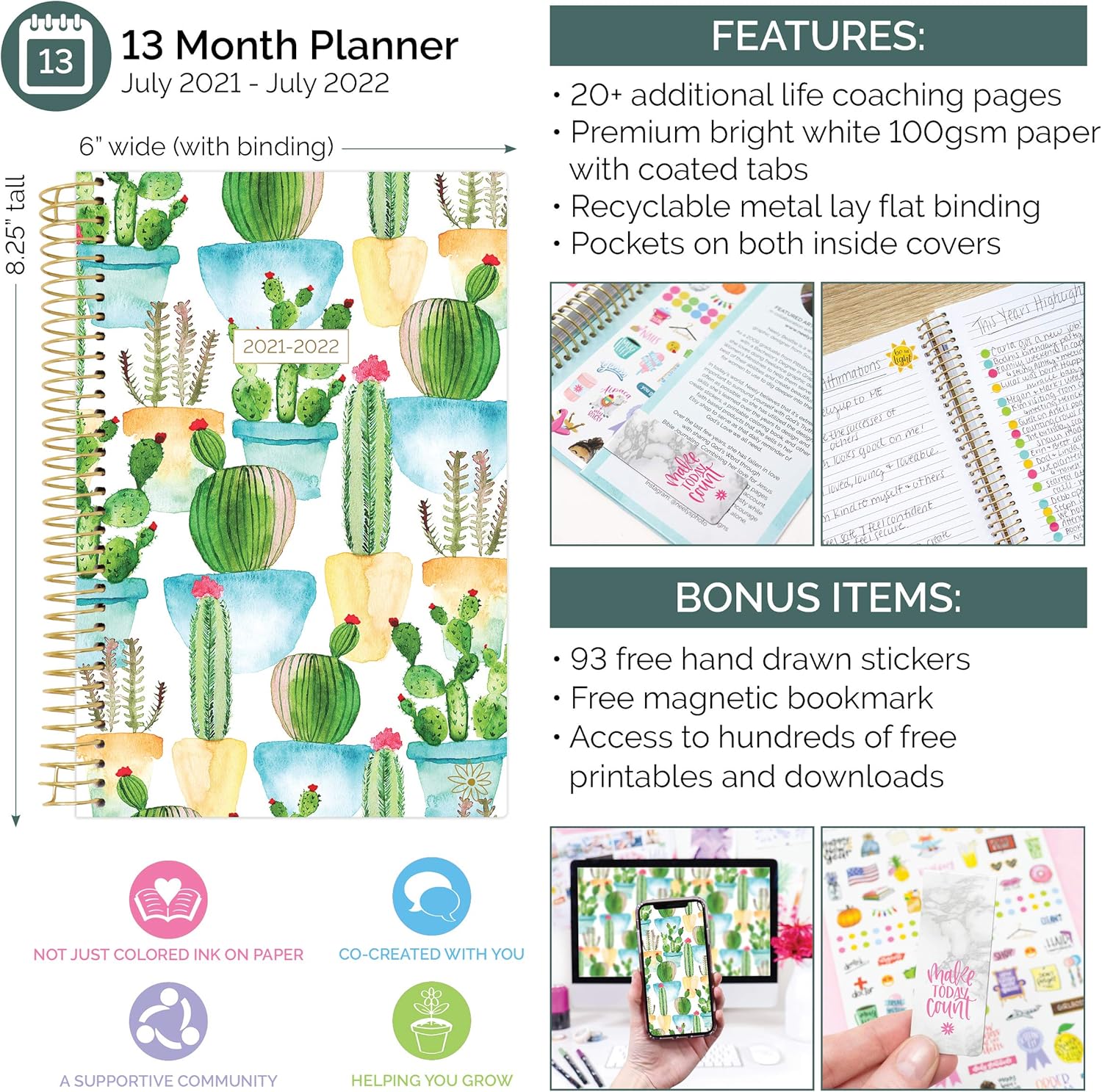 bloom daily planners 2021-2022 Academic Year Day Planner & Calendar (July 2021 - July 2022) - 6” x 8.25” - Weekly/Monthly Agenda Organizer with Stickers and Bookmark - White Cacti : Office Products