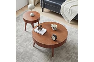 QEIUZON Farmhouse Round Coffee Table Set of 2, Rustic Sofa Side End Tables w/Wood Finish, Nesting End Table Set for Living Room, Bedroom (Walnut)